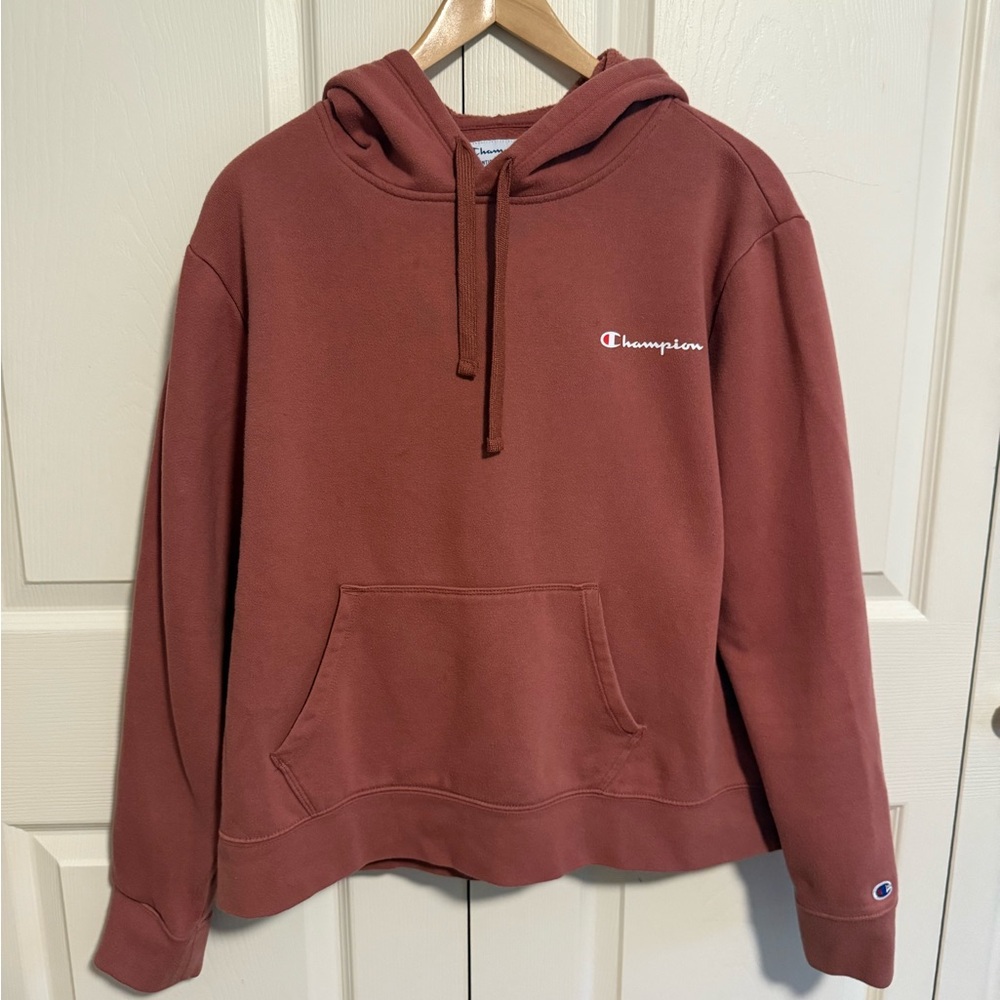 Champion dusty rose Hoodie with Script Logo, size large